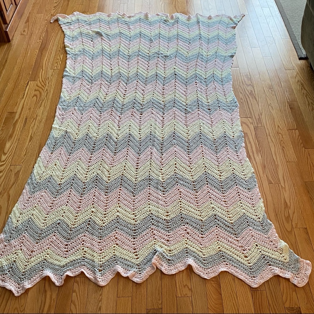 Vintage Beautiful Handmade Crocheted Multicoloured Blanket 85”x43” Cottagecore